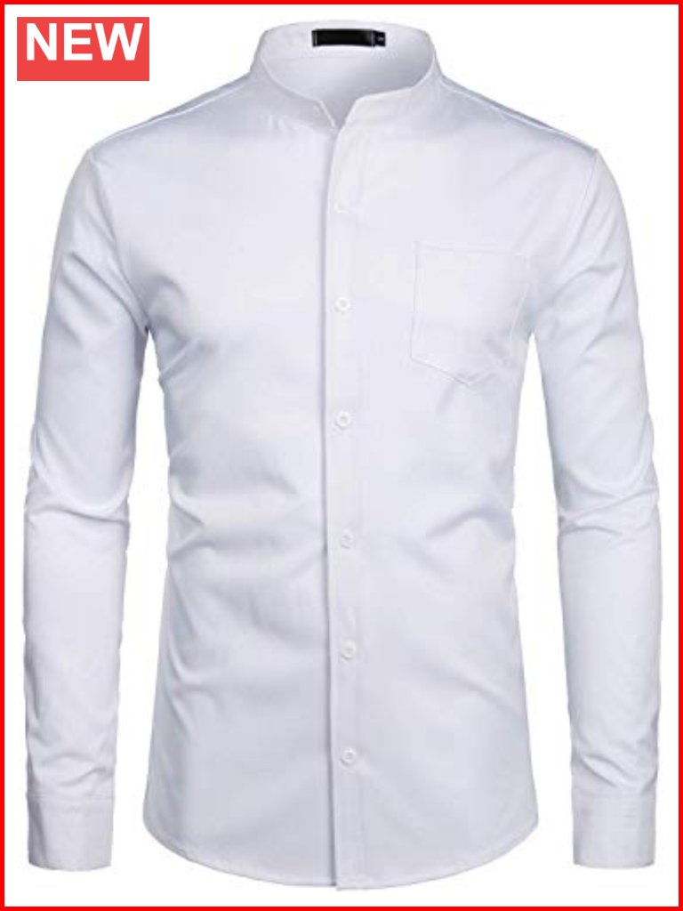Men's Banded Collar Slim Fit Long Sleeve Button Down Dress Shirt With Pocket